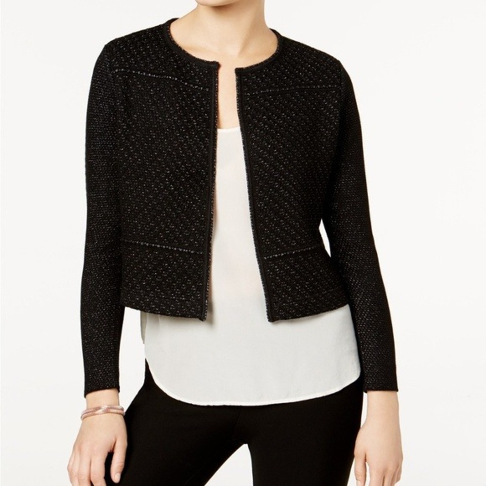 Charter Club Collarless Cropped Blazer Black Sparkle Textured Petite Women Small